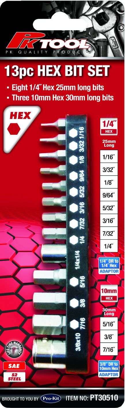 13 Piece 1/4” DR & 10mm Hex SAE Hex Bits Set - PKTool | Universal Auto Spares