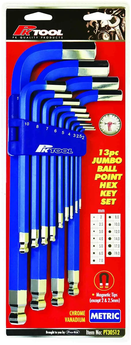 13 Pieces Metric Jumbo Long Ball End Hex Key Set With Magnetic End Tips - PKTool | Universal Auto Spares