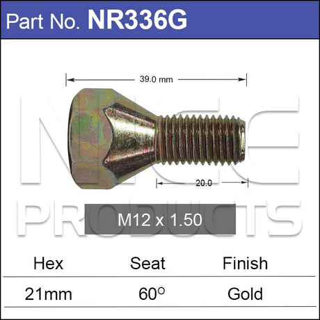 Gold Wheel Bolt NR336G - Nice Products | Universal Auto Spares