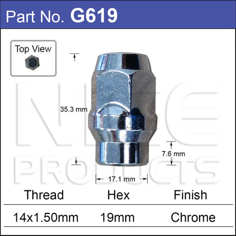 Shank and Taper Chrome Wheel Nut G619 - Nice Products | Universal Auto Spares