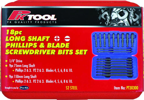 18 Piece 1/4” Hex Long Shaft Screwdriver Bits Set - PKTool | Universal Auto Spares
