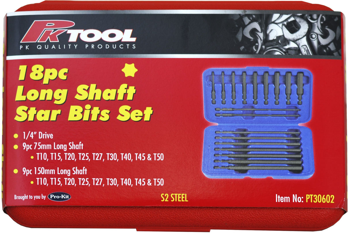 18 Piece 1/4” Hex Long Shaft Star Bits Set - PKTool | Universal Auto Spares