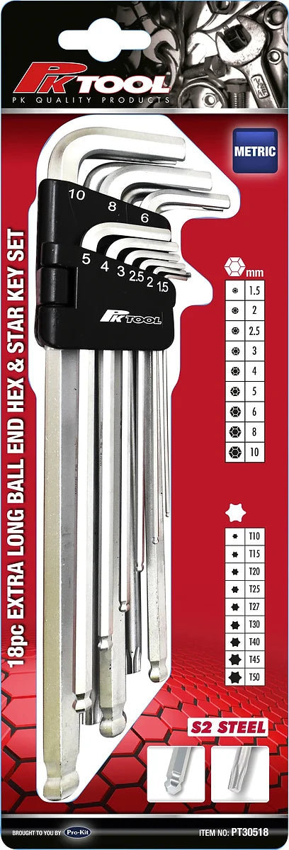 18 Pieces Extra Long Ball End Hex & Star Key Set - PKTool | Universal Auto Spares