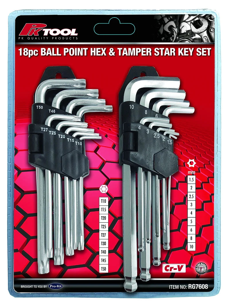 18 Pieces Metric Ball End Hex & Tamper Proof Star Key Set - PKTool | Universal Auto Spares