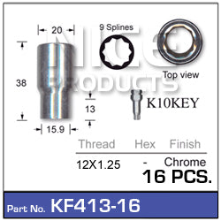 Chrome Nuts (set of 16 + Key) KF413-16 - Nice Products | Universal Auto Spares