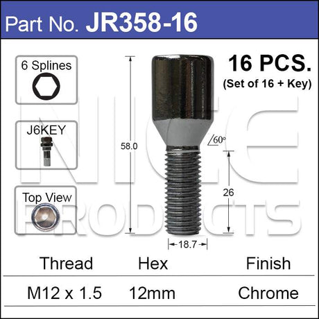 Chrome Nuts (set of 16 + Key) JR358-16 - Nice Products | Universal Auto Spares