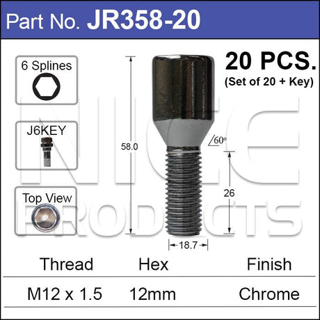 Chrome Nuts (set of 20 + Key) JR358-20 - Nice Products | Universal Auto Spares