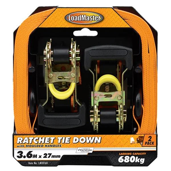 2 Pieces 3.6 Meter Ratchet Tie Down Set, Heavy Duty Hooks - LoadMaster ...