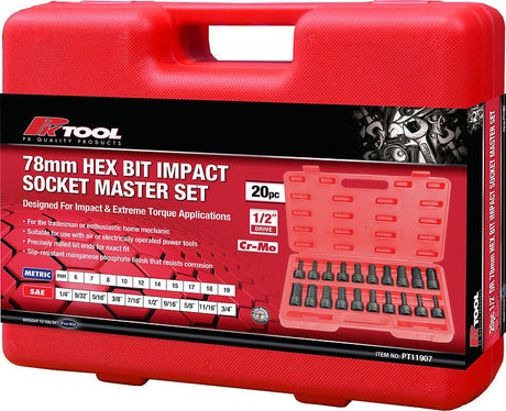 20 Piece 1/2˝ DR 78mm Hex Bit Impact Socket Master Set - PKTool | Universal Auto Spares