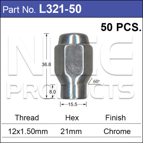 Chrome Nuts pk50 L321-50 - Nice Products | Universal Auto Spares