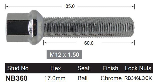Ball Seat Bolt 60mm Thread NB360 - Nice Products | Universal Auto Spares