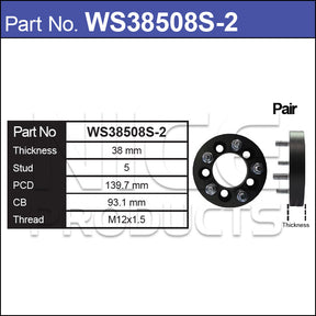 Wheel Spacers + Studs PAIR WS38508S-2 - Nice Products | Universal Auto Spares