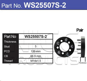 Wheel Spacers + Studs PAIR WS25507S-2 - Nice Products | Universal Auto Spares