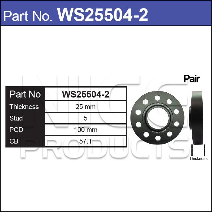 Wheel Spacers + Studs PAIR WS25504-2 - Nice Products | Universal Auto Spares