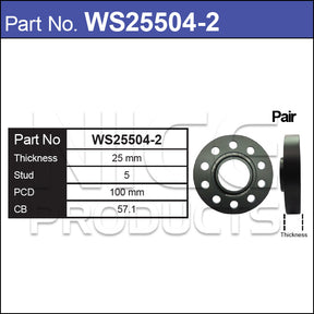 Wheel Spacers + Studs PAIR WS25504-2 - Nice Products | Universal Auto Spares