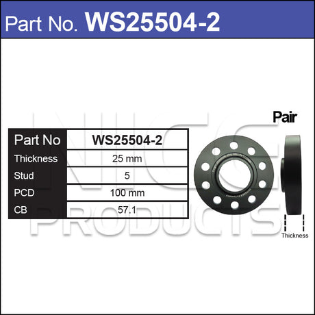Wheel Spacers + Studs PAIR WS25504-2 - Nice Products | Universal Auto Spares