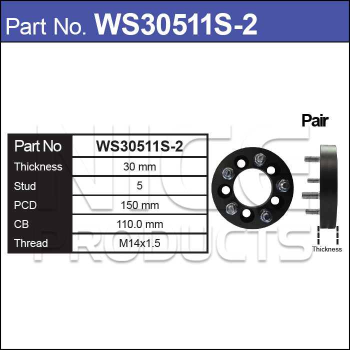 Wheel Spacers + Studs PAIR WS30511S-2 - Nice Products | Universal Auto Spares