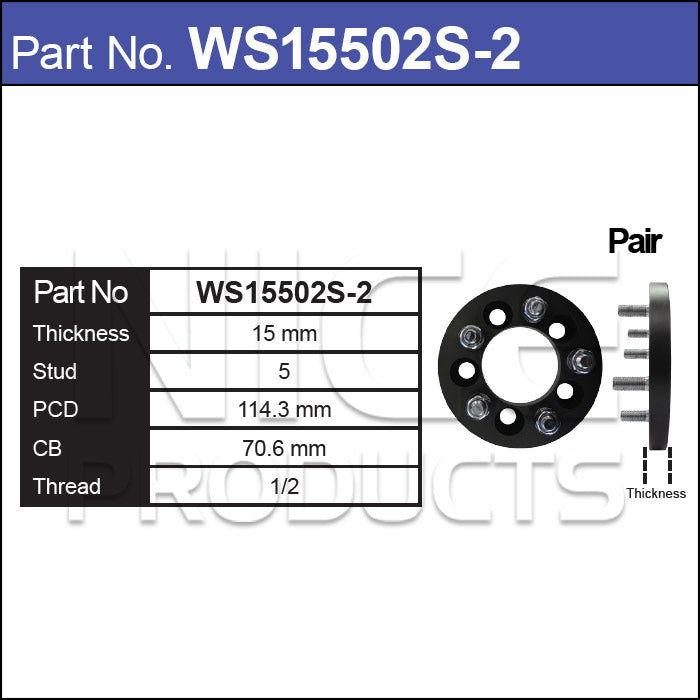 Wheel Spacer Plus Studs (PAIR) WS15502S-2 - Nice Products | Universal Auto Spares