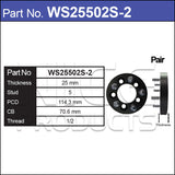 Wheel Spacers + Studs PAIR WS25502S-2 - Nice Products | Universal Auto Spares