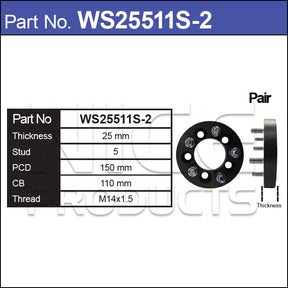 Wheel Spacers + Studs PAIR WS25511S-2 - Nice Products | Universal Auto Spares