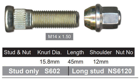 Wheel Stud & Nut NS602T - Nice Products | Universal Auto Spares