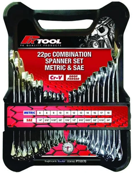 22 Pieces Metric & SAE CR-V Combination Spanner Set - PKTool | Universal Auto Spares