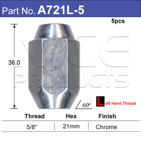 Wheel Nuts A721L-Pack Of 5- Nice Products | Universal Auto Spares