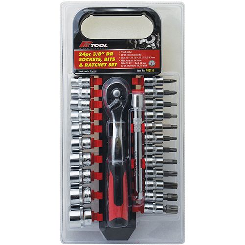 24 Piece 3/8” DR CR-V 200mm Regular Socket, Screwdriver, Star & Hex Bit Socket & Ratchet Set - PKTool | Universal Auto Spares