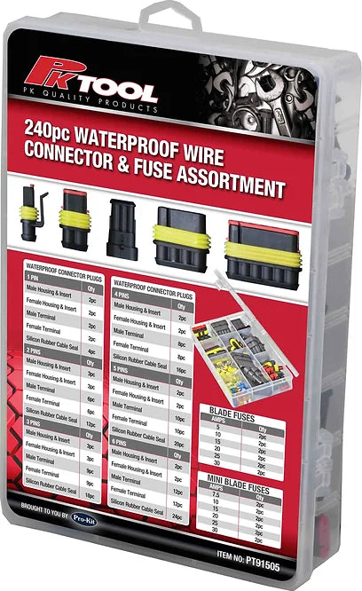 240 Piece Waterproof Wire Connector & Fuse Assortment - PKTool | Universal Auto Spares
