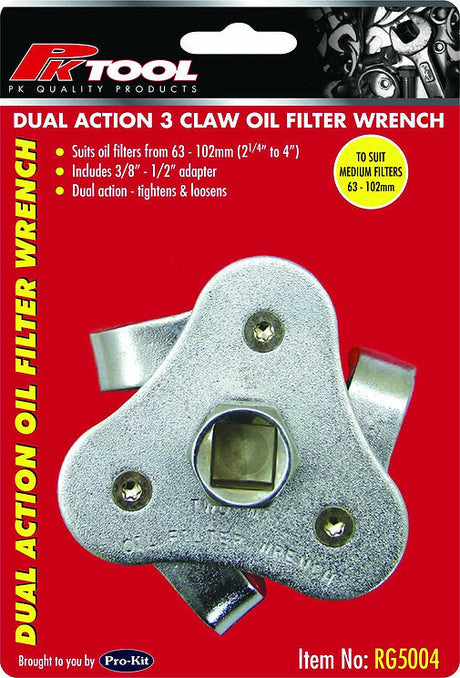 3 Claw Oil Filter Wrench Fits Filters With Adaptor - PKTool