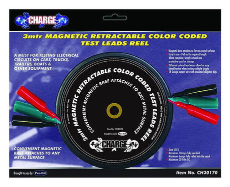 3 Meter Colour Coded Test Leads Retractable Reel With Magnetic Case - Charge | Universal Auto Spares