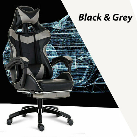 Gaming Chair Office Chair Computer Executive Chair Seating Footrest Racer [Colour: BLACK+GREY] 30142_BLACK-GREY - Machter