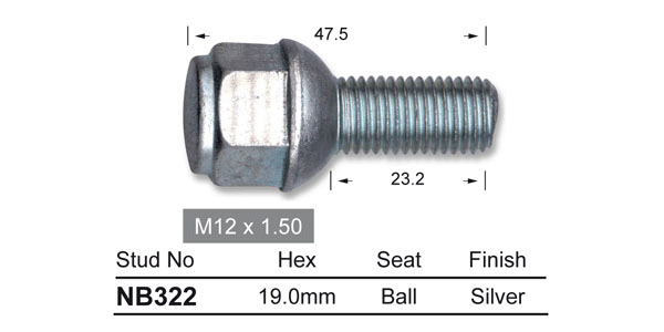 Wheel Bolt 12mm x 1.5 NB322 - Nice Products | Universal Auto Spares