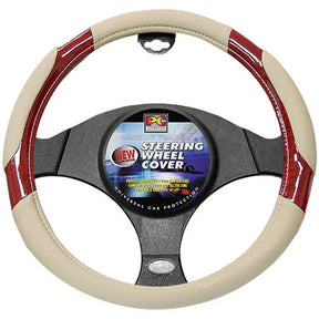 Steering Wheel Cover 38cm Perforated Soft Leather Feel Dark Wood Grain Beige - PC Procovers