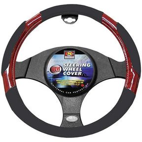 Steering Wheel Cover 38cm Perforated Soft Leather Feel Dark Wood Grain Black - PC Procovers
