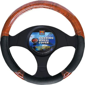 Steering Wheel Cover 38cm Soft Leather Feel Black Dark Wood Grain Inserts - PC Procovers