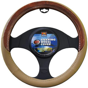 Steering Wheel Cover 38cm Soft Leather Feel With Dark Wood Grain Mocha - PC Procovers
