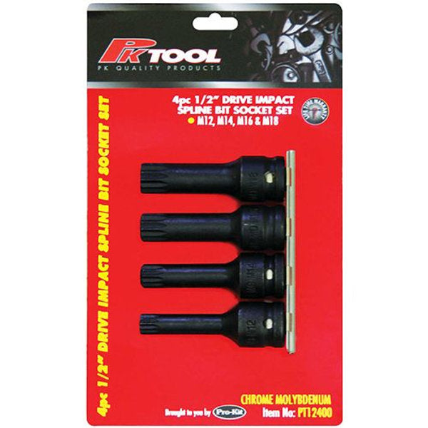 4 Piece 1/2” CR-MO 76mm Impact Spline Bits Socket Set - PKTool | Universal Auto Spares