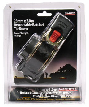RATCHET STRAP RETRACTABLE - 25MM X 3.0M - SINGLE - Carfit Cargo