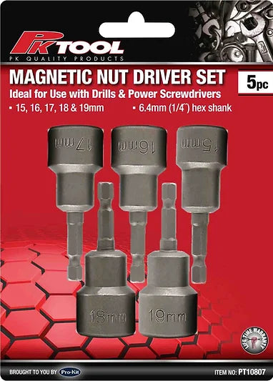 5 Pieces Magnetic 1/4" DR Socket/Drill Nut Driver Set - PKTool | Universal Auto Spares