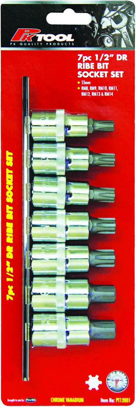 7 Piece 1/2” DR 55mm Ribe Bits Socket Set - PKTool | Universal Auto Spares