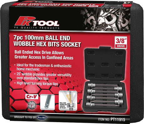 7 Piece 3/8” DR Ball End Wobble Hex Bits Socket Set - PKTool | Universal Auto Spares