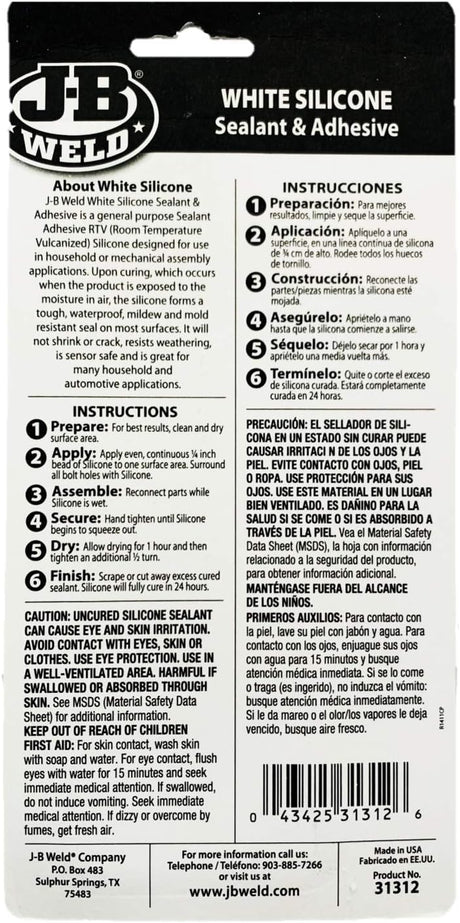 White All-Purpose RTV Silicone Sealant and Adhesive 85g - J-B Weld