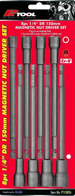 8 Pieces 1/4” DR 150mm Magnetic Socket Nut Driver Set - PKTool | Universal Auto Spares