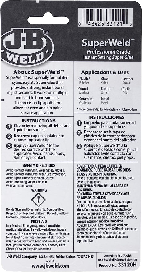Super Weld Instant Adhesive Cyanoacrylate Super Glue 20g - J-B Weld