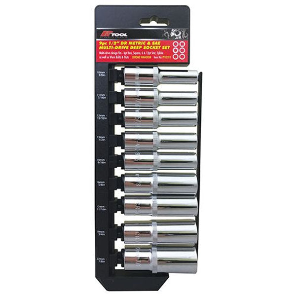 9 Piece 1/2" Dr Metric & Sae Cr-V Multi-drive Deep Socket Set - PKTool | Universal Auto Spares