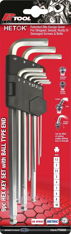 9 Pieces Hetok Hex Key Set With Ball Type End S2 Steel - PKTool