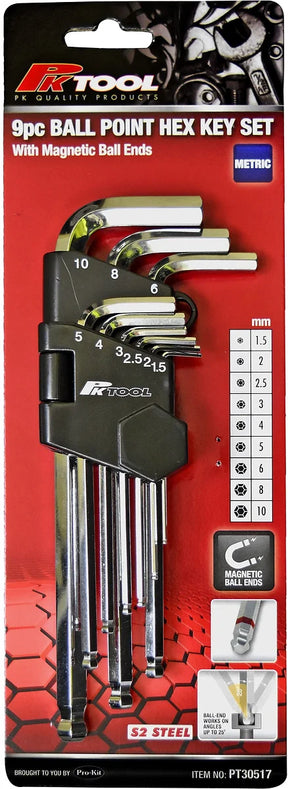 9 Pieces Metric Ball End Hex Key Set S2 Steel - PKTool