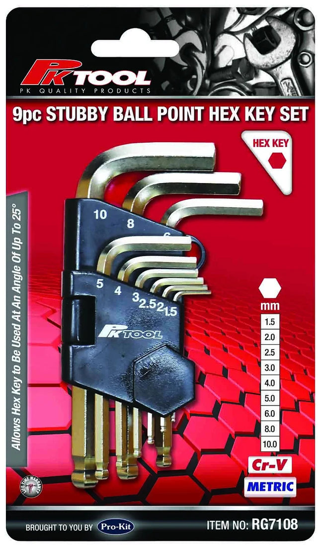 9 Pieces Metric Stubby Ball End Hex Key Set CR-V - PKTool | Universal Auto Spares