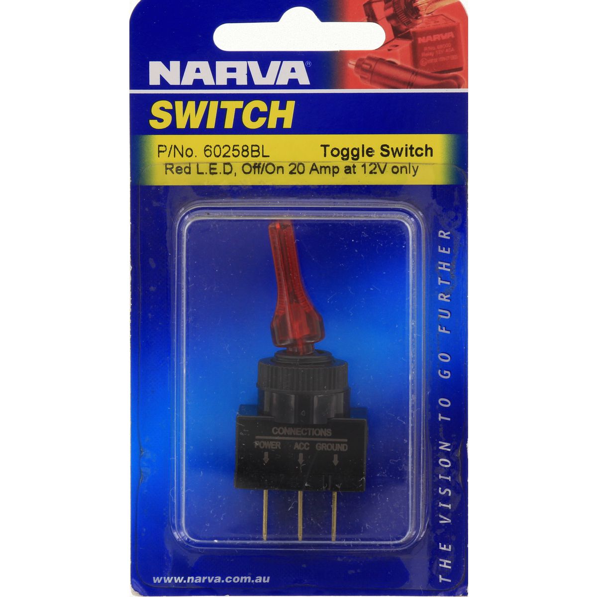 Toggle Switch Off/On SPST Red LED 20A at 12V - Narva | Universal Auto Spares